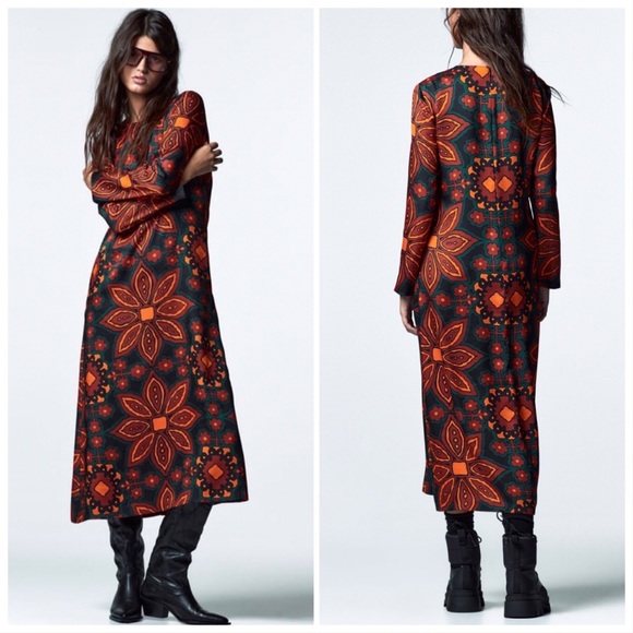 LAST size XL NWT ZARA ROUND NECK PRINTED MIDI DRESS - Picture 6 of 10